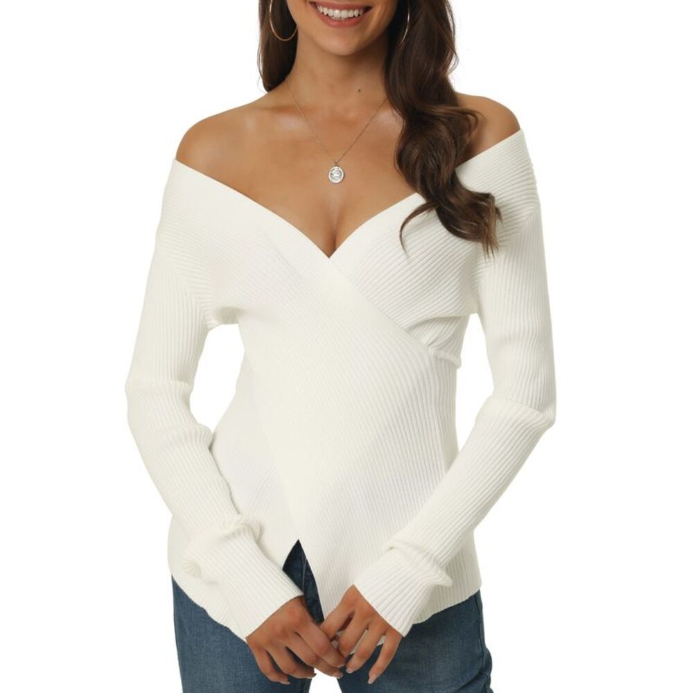 Wrap Sweater Ribbed Long Sleeve V Neck Criss Cross Tops White